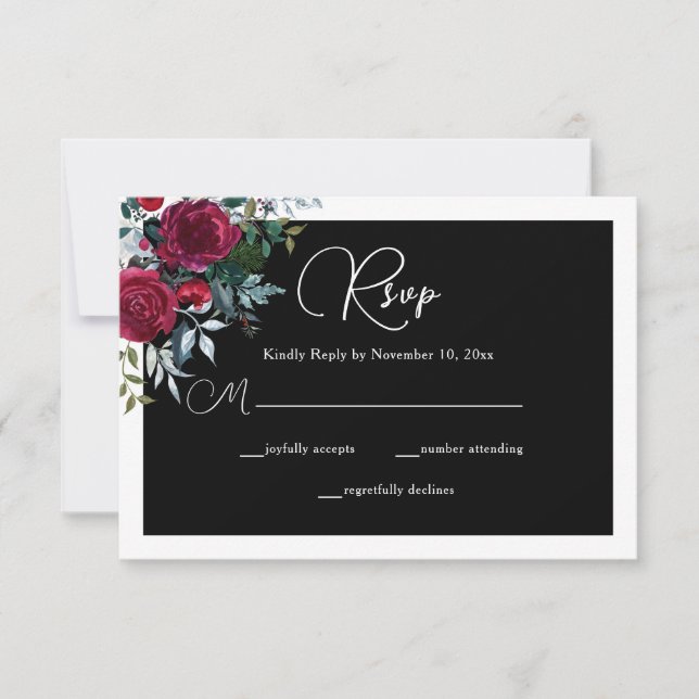 Cartão RSVP Casamento de Feriado de Rosa Floral de Natal Elega (Frente)