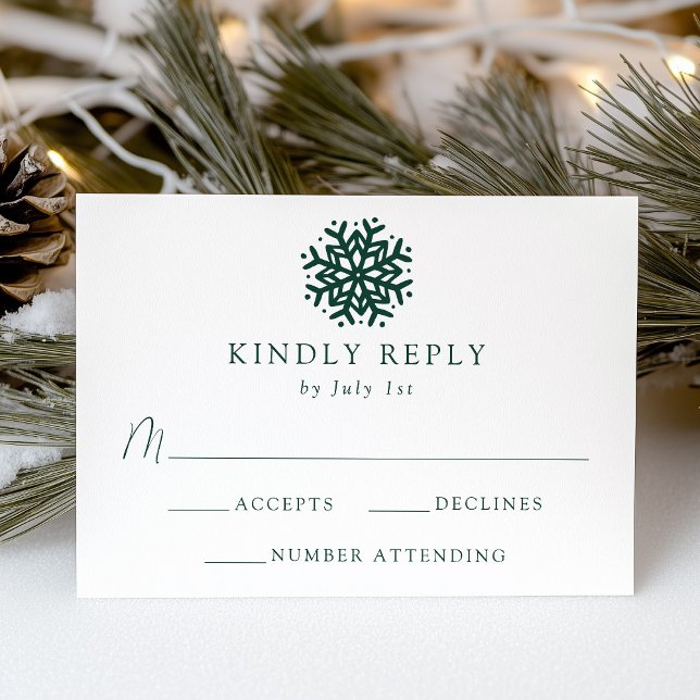 Cartão RSVP Casamento de Floco de Neve Verde Simples (Criador carregado)