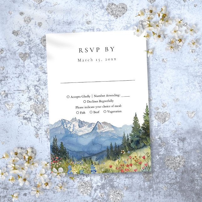 Cartão RSVP Casamento de flor selvagem da montanha Elegante (Elegant Watercolor Mountain Wildflower Wedding RSVP Card)