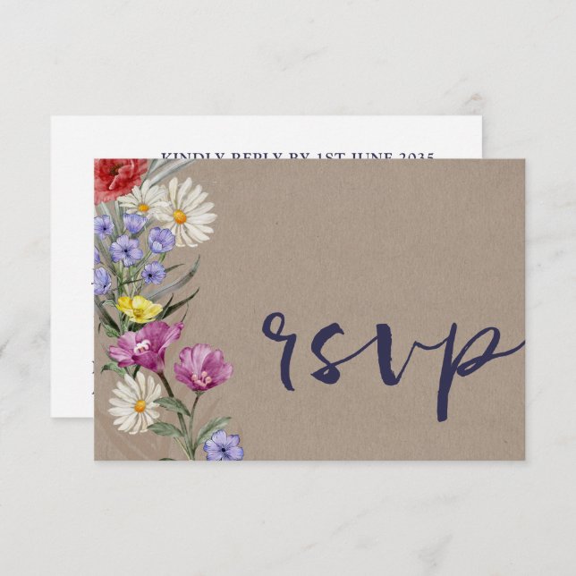 Cartão RSVP Casamento de Flor Selvagem de Aquarelas Whimsical (Frente/Verso)