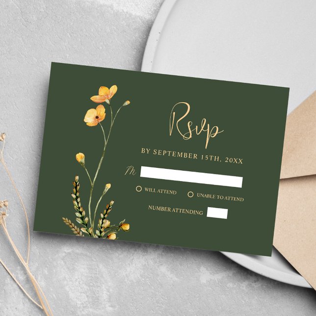 Cartão RSVP Casamento de Flor Selvagem Moderno e Russo Verde (Green Modern Rustic Minimalist Wildflower Wedding RSVP Card)