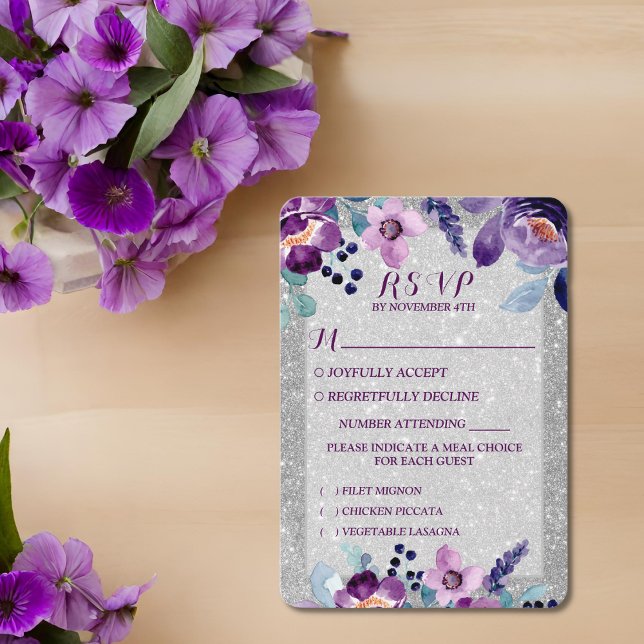 Cartão RSVP Casamento de Floral e Silver de Aquarela Roxo (Criador carregado)