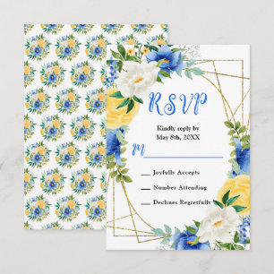 Cartão RSVP Casamento de Flores Azuis e Amarelas com Folhagem