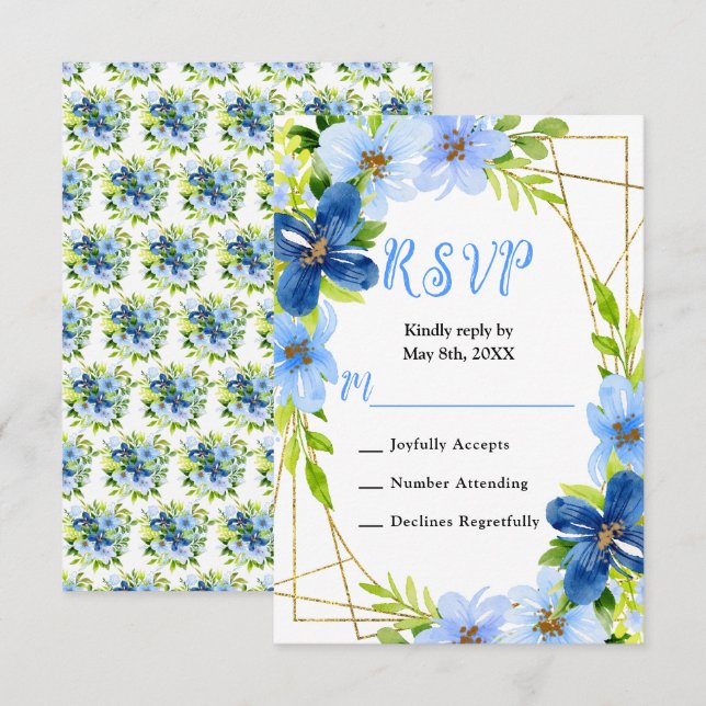 Cartão RSVP Casamento de Flores Azuis e Navy com Folhagem (Frente/Verso)