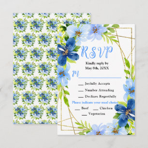 Cartão RSVP Casamento de Flores Azuis e Navy com Folhagem