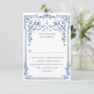 Cartão RSVP Casamento de Flores Azuis Florais, Ornamentado Vit
