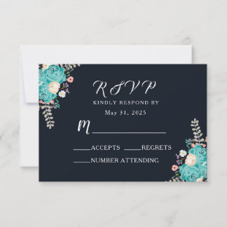 Cartão RSVP Casamento de Flores Azul-marinho