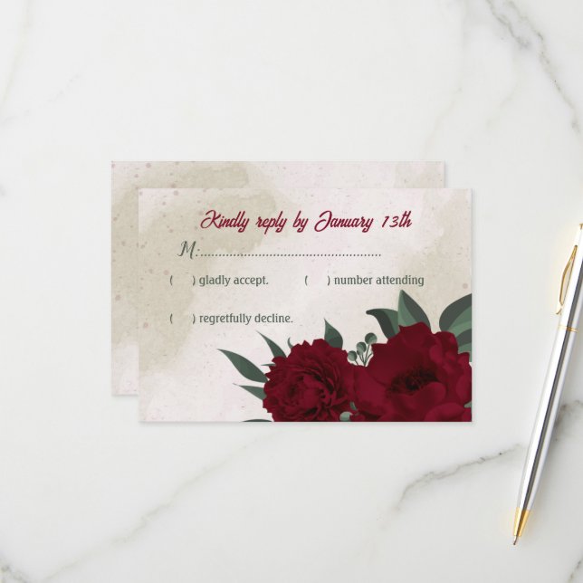 Cartão RSVP Casamento de flores da Borgonha (Frente/Verso In Situ)