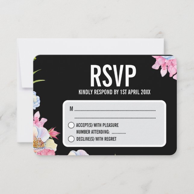 Cartão RSVP Casamento de Flores de Aquarela Azul Rosa (Frente)