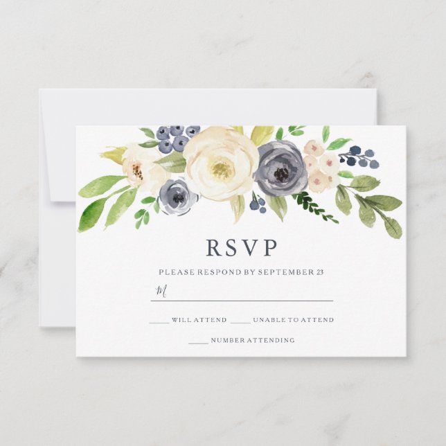 Cartão RSVP Casamento de Flores de Aquarela de marinho e Champ (Frente)