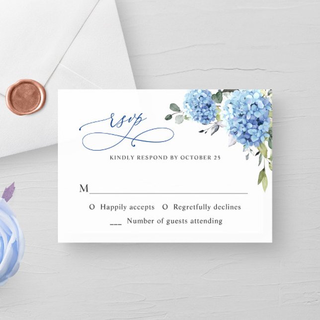 Cartão RSVP Casamento de Flores de Hydrangea Azul Elegante (Criador carregado)