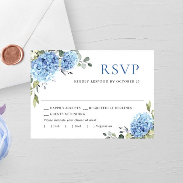Cartão RSVP Casamento de Flores de Hydrangea Azul Elegante (Criador carregado)