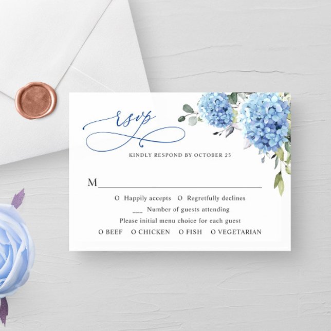 Cartão RSVP Casamento de Flores de Hydrangea Azul Elegante (Criador carregado)