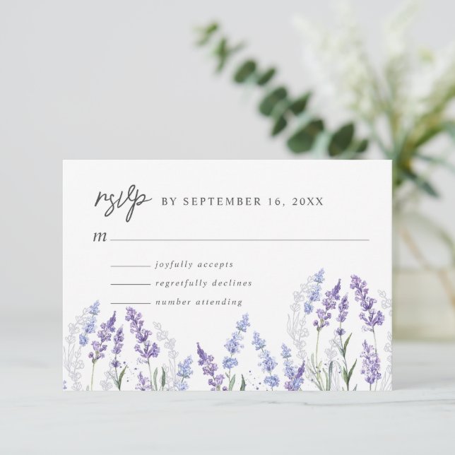 Cartão RSVP Casamento de Flores de Lavanda de Aquarela Elegant (Em pé/Frente)