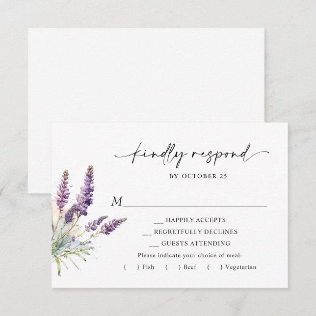 Cartão RSVP Casamento de Flores de Lavanda de Aquarela Elegant (Frente/Verso)
