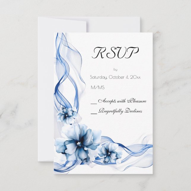 Cartão RSVP Casamento de Flores de Marinho Azul Elegante Dusty (Frente)
