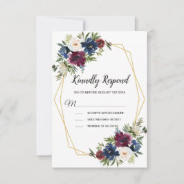 Cartão RSVP Casamento de Flores de Marinho de Frame Geométrico