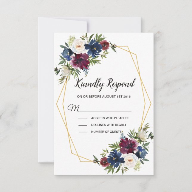 Cartão RSVP Casamento de Flores de Marinho de Frame Geométrico (Frente)