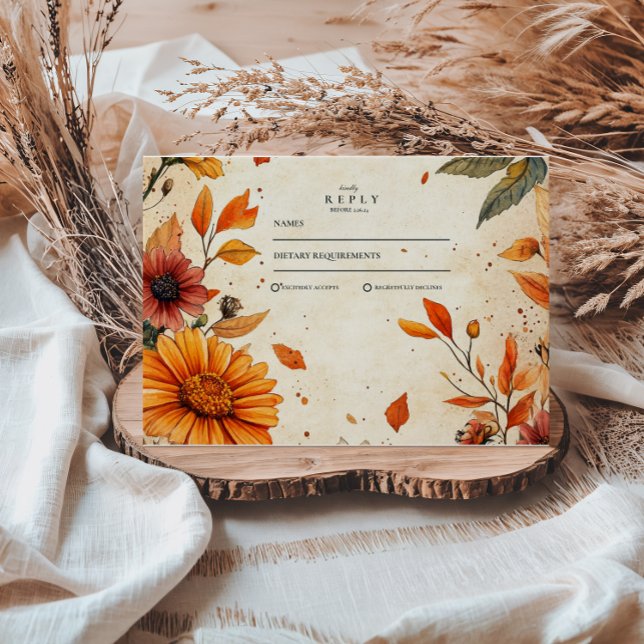 Cartão RSVP Casamento de Flores de Outono Rústico (Criador carregado)