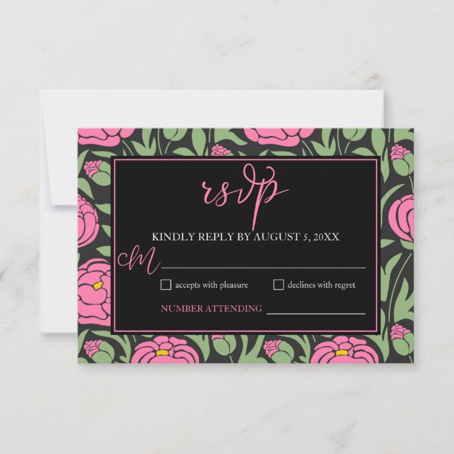 Cartão RSVP Casamento de Flores de Pênia Rosa Elegante (Frente)