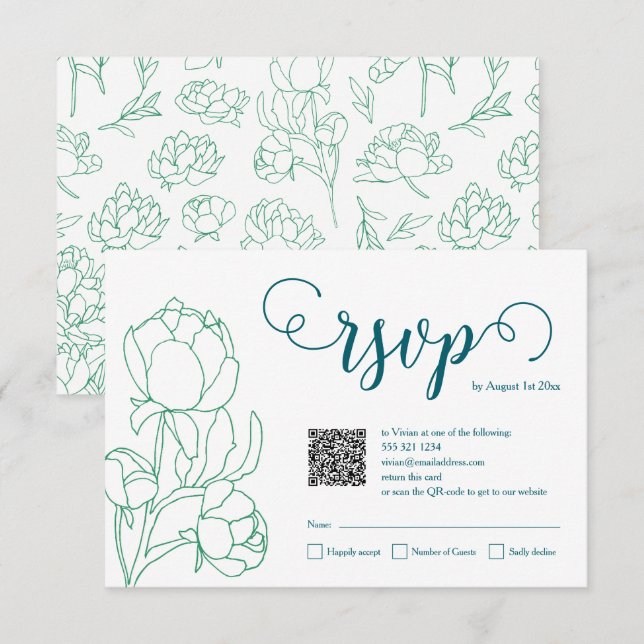 Cartão RSVP Casamento de Flores de Peônias Desenhadas em Mão V (Frente/Verso)