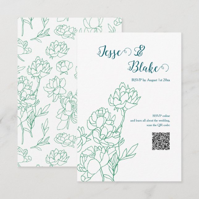 Cartão RSVP Casamento de Flores de Peônias Desenhadas em Mão V (Frente/Verso)