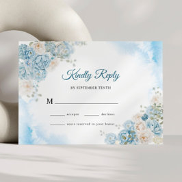 Cartão RSVP Casamento de Flores de Rosa de Ice Azul-marfim