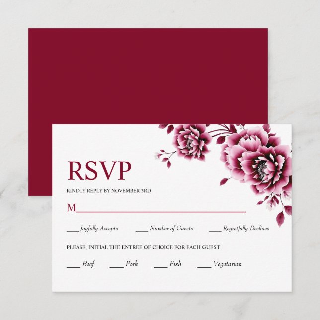 Cartão RSVP Casamento de flores florais chinesas bicomponentes (Frente/Verso)