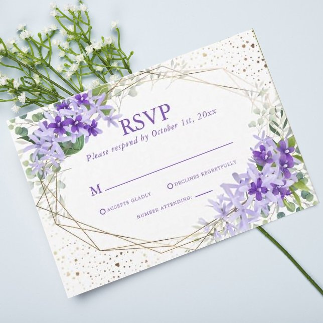 Cartão RSVP Casamento de Flores Geométricas Douradas Roxas Ele (Criador carregado)