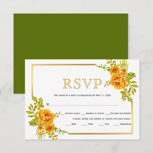 Cartão RSVP Casamento de flores laranja e moldura dourada (Frente/Verso)