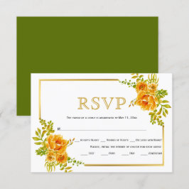 Cartão RSVP Casamento de flores laranja e moldura dourada