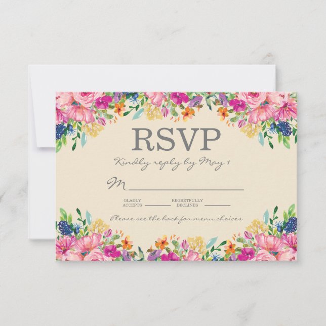 Cartão RSVP Casamento de Flores Rosa Azul Amarelo Boho  (Frente)
