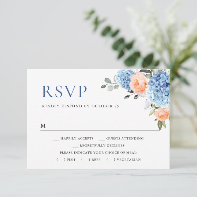 Cartão RSVP Casamento de Flores Rosa-Rosa Azul Hydrangea Blush (Em pé/Frente)