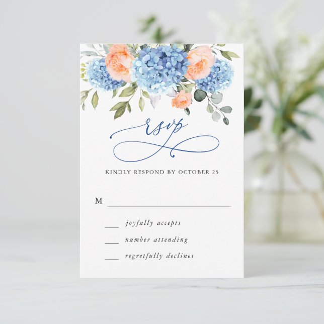 Cartão RSVP Casamento de Flores Rosa-Rosa Azul Hydrangea Blush (Em pé/Frente)