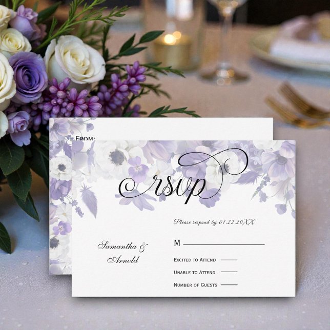 Cartão RSVP Casamento de Flores Roxas Violeta Personalizadas (Criador carregado)