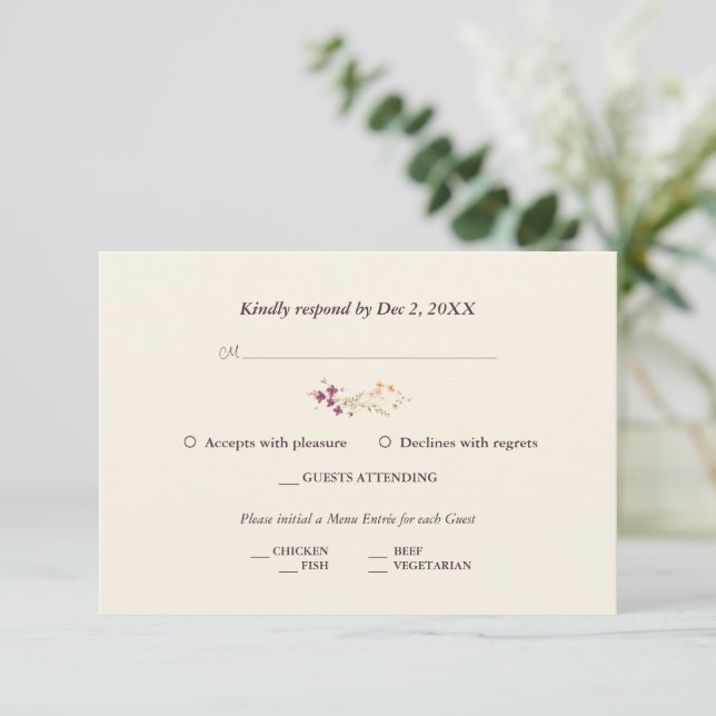 Cartão RSVP Casamento de Flores Selvagens de Cream Boho (Em pé/Frente)