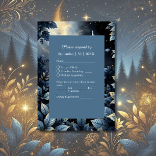 Cartão RSVP Casamento de Floresta Dourada e Azul da Meia-Noite