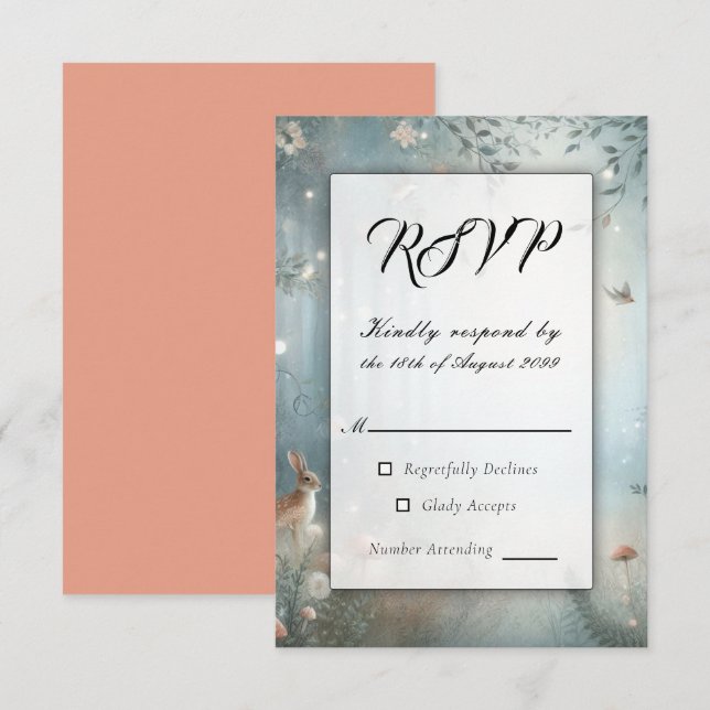 Cartão RSVP Casamento de Floresta Encantada de Teal e Peach (Frente/Verso)
