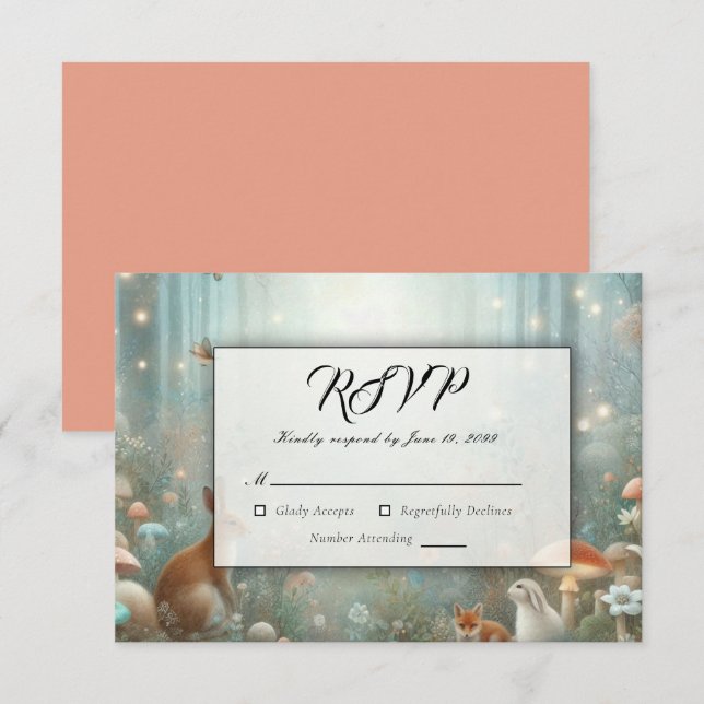 Cartão RSVP Casamento de Floresta Encantada de Teal e Peach (Frente/Verso)
