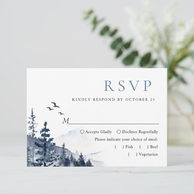 Cartão RSVP Casamento de Floresta nas Montanhas Elegante de Aq (Em pé/Frente)