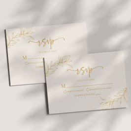 Cartão RSVP Casamento de Folha de Leaf Dourada de Beige minima