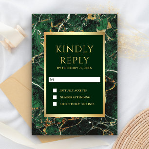 Cartão RSVP Casamento de Folha de Ouro do Marble Verde Emerald