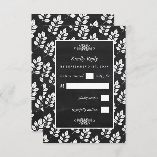 Cartão RSVP Casamento de Folha Floral Chalkboard (Frente/Verso)