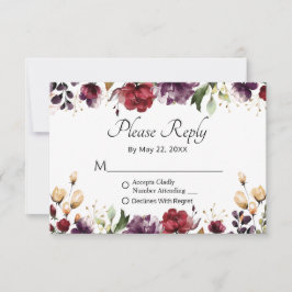 Cartão RSVP Casamento De Folha Floral De Ouro Da Burgundy, Por