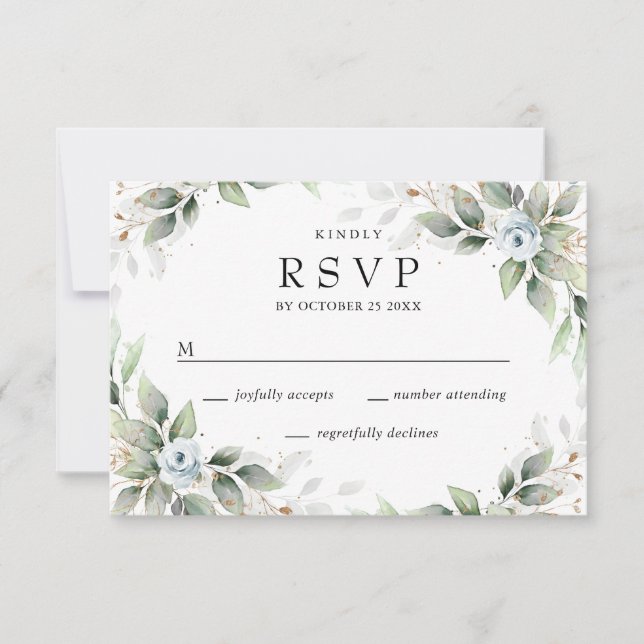 Cartão RSVP Casamento de Folhagem Azul Elegante De Aquarela (Frente)