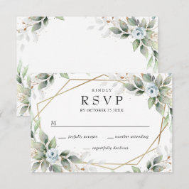 Cartão RSVP Casamento de Folhagem Azul Empoeirado Aquarela Ele