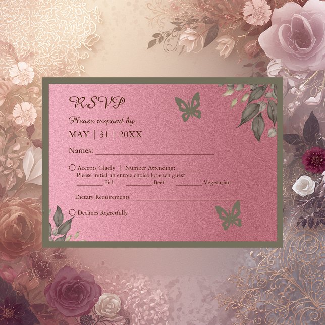 Cartão RSVP Casamento de Folhagem de Glitter Rosa Chic (Criador carregado)