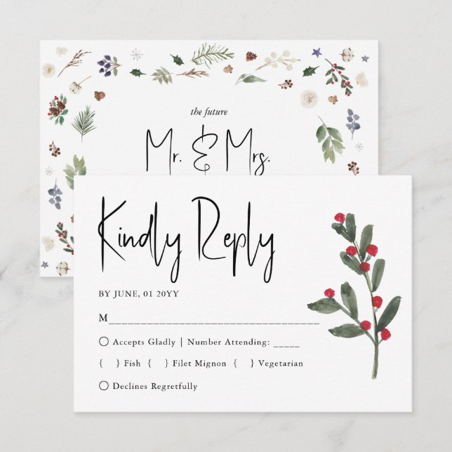 Cartão RSVP Casamento de Folhagem de Natal com Aquarela de inv (Frente/Verso)
