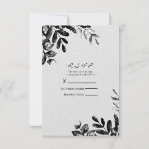 Cartão RSVP Casamento de Folhas Botânicas Preto e Branco Vinta