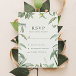 Cartão RSVP Casamento de Folhas Botânicas Verdes e Brancas Ele<br><div class="desc">Crie as suas próprias placas RSVP personalizadas Elegante Verde e White Botanical Leaves Nascentes que usam esses modelos pela Cali Graphics. Esta design de casamento de jardim verde e branco apresenta um quadro de folhas botânicas de cor d'água e tipografia elegante. Ao contrário, há um sutil padrão William Morris em...</div>